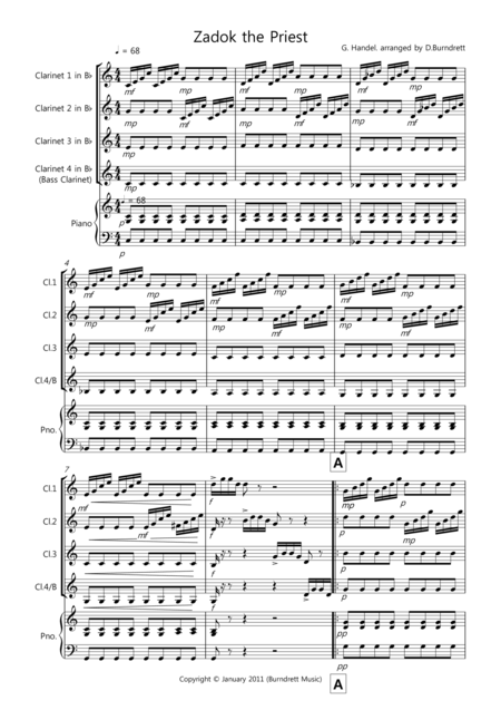 Zadok The Priest For Clarinet Quartet Sheet Music