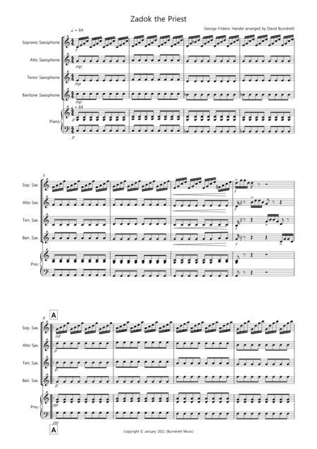 Free Sheet Music Zadok The Priest For Saxophone Quartet