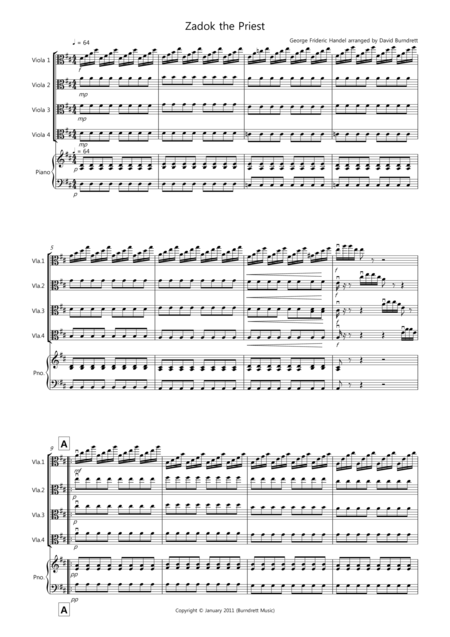 Zadok The Priest For Viola Quartet Sheet Music