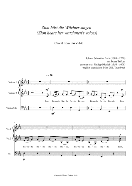 Zion Hrt Zion Hears Choral From Bwv 140 Voices 1 2 And Cello Sheet Music