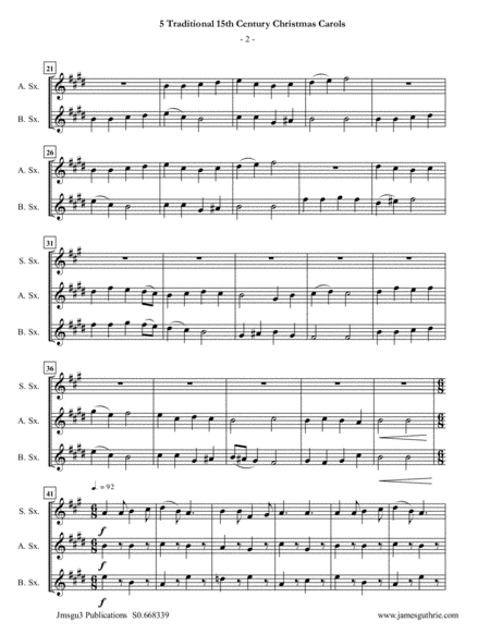 5 Traditional 15th Century Christmas Carols For Soprano Alto Baritone Sax Trio Page 2