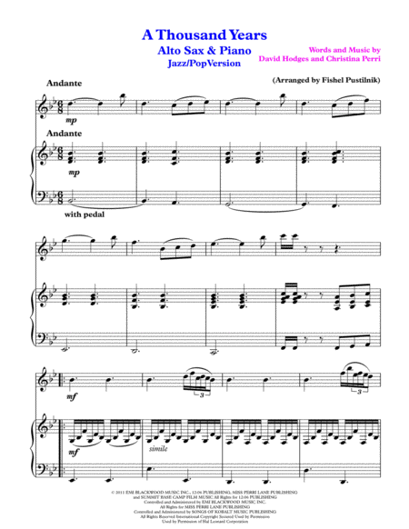 A Thousand Years For Alto Sax And Piano Jazz Pop Version Video Page 2