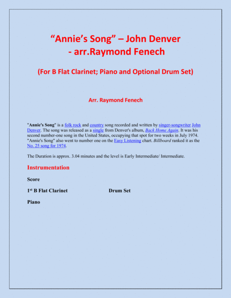 Annies Song John Denver B Flat Clarinet Piano And Optional Drum Set Page 2