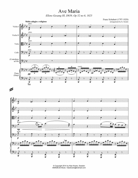 Ave Maria Schubert For String Quartet Contrabass Ad Lib And Piano Page 2