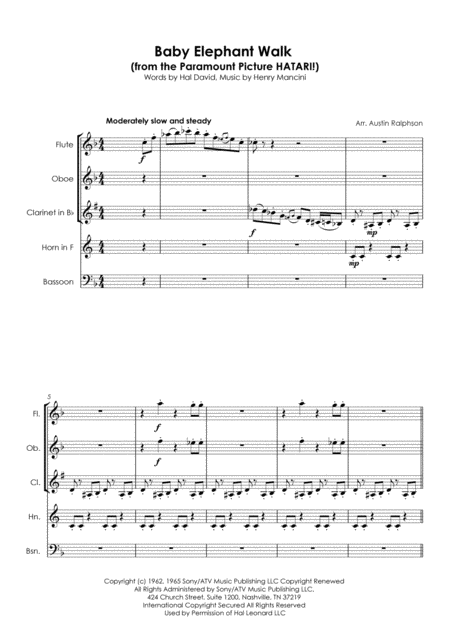 Baby Elephant Walk From The Paramount Picture Hatari Wind Quintet Page 2