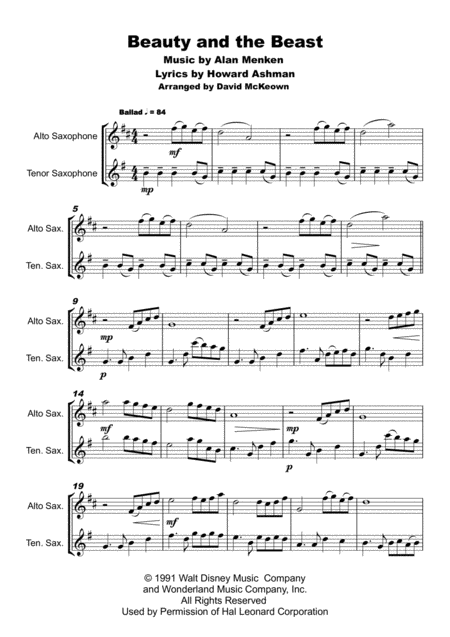 Beauty And The Beast Duet For Alto And Tenor Saxophone Page 2