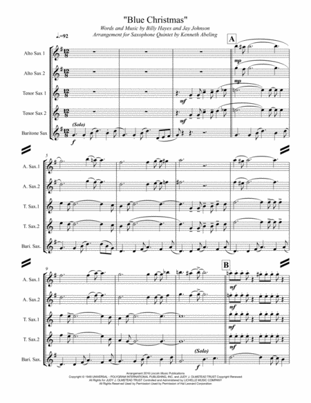 Blue Christmas For Saxophone Quintet Sattb Or Aattb Page 2