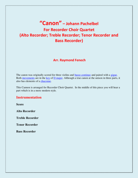 Canon Johann Pachebel Recorder Choir Quartet Alto Recorder Treble Recorder Tenor Recorder And Bass Recorder Intermediate Advanced Intermediate Level Page 2