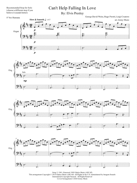 Cant Help Falling In Love By Elvis Presley Arranged For Organ Page 2