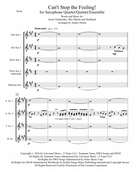 Cant Stop The Feeling From Trolls Saxophone Quartet Quintet Ensemble Page 2