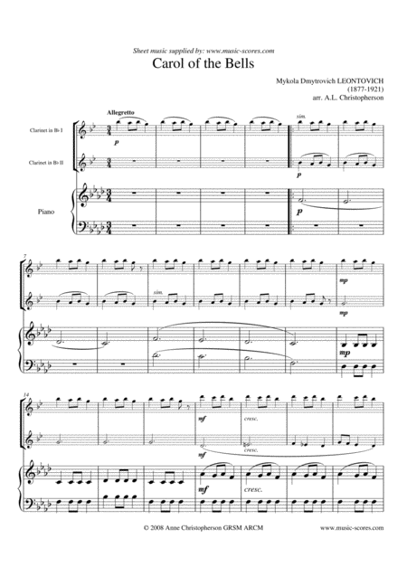 Carol Of The Bells 2 Clarinets And Piano F Minor Page 2