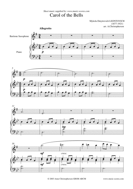 Carol Of The Bells Baritone Sax And Piano G Minor Page 2