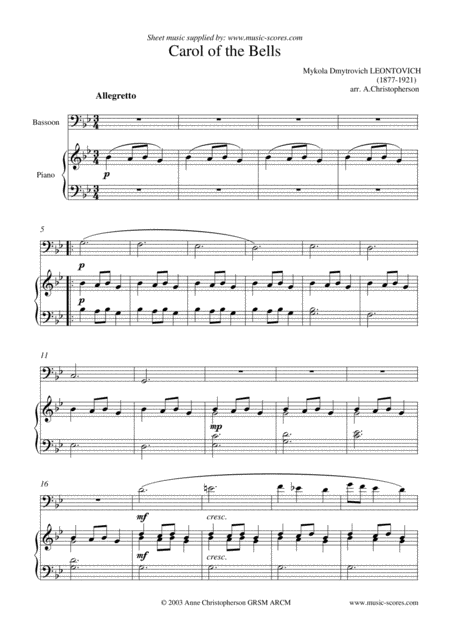 Carol Of The Bells Bassoon And Piano G Minor Page 2