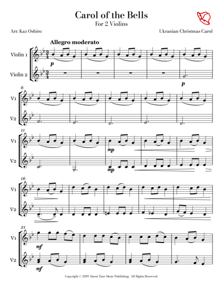 Carol Of The Bells For 2 Violins Violin Duet G Minor Page 2