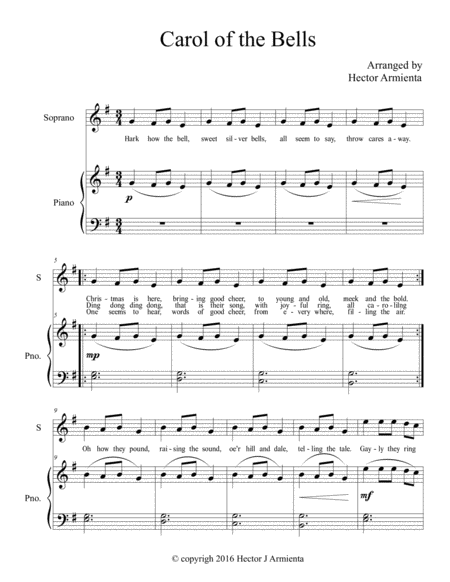 Carol Of The Bells Solo Piano With Vocal Melody Page 2