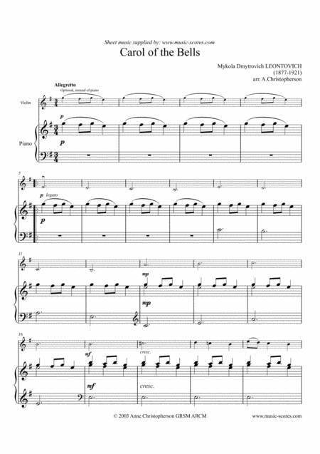 Carol Of The Bells Violin And Piano E Minor Page 2