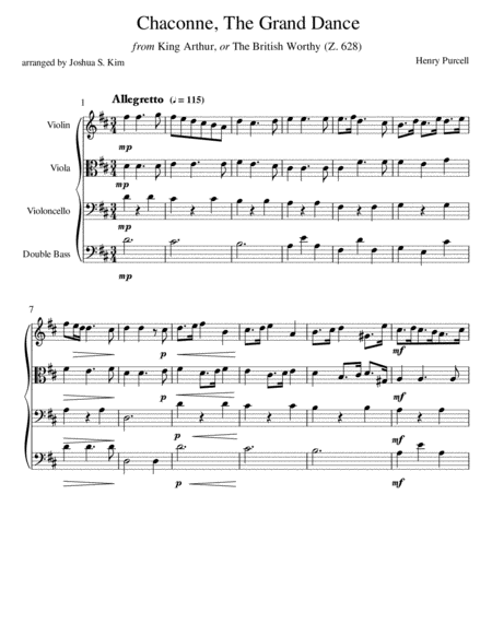 Chaconne From King Arthur For String Quartet Violin Viola Cello And Double Bass Page 2