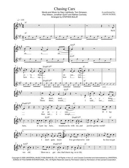 Chasing Cars Snow Patrol Lead Sheet In Original Key Of A Page 2