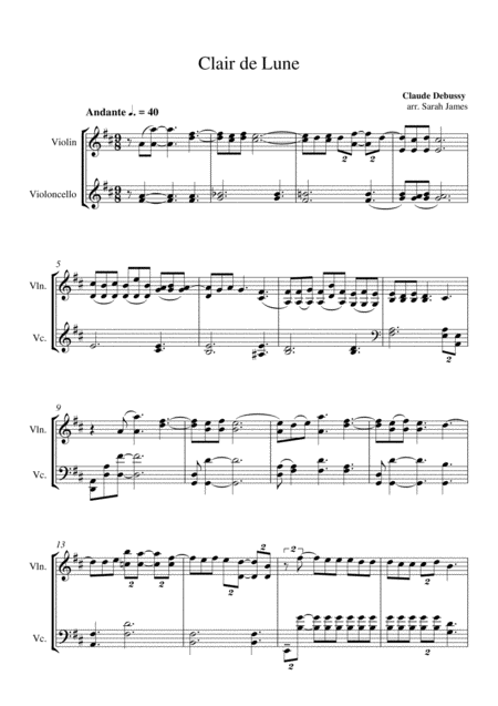 Clair De Lune By Claude Debussy Arranged For Violin Cello Duet By The Chapel Hill Duo Page 2