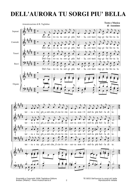 Dell Aurora Tu Sorgi Piu Bella Arr For Satb Choir And Organ Page 2