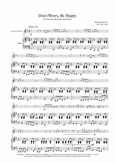 Dont Worry Be Happy For Solo Recorder And Piano Page 2