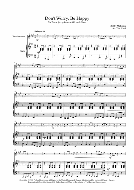 Dont Worry Be Happy For Solo Tenor Saxophone And Piano Page 2