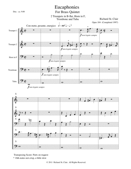 Eucaphonies For Brass Quintet 1989 Score And Parts Page 2