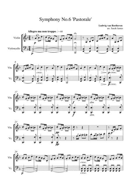 Excerpt From Beethovens Pastoral Symphony No 6 Arranegd For Violin Cello Duet By The Chapel Hill Duo Page 2