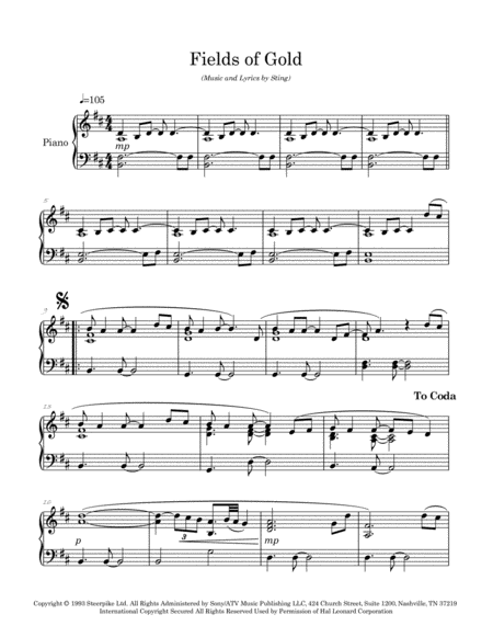 Fields Of Gold Arranged For Easy Intermediate Piano Page 2