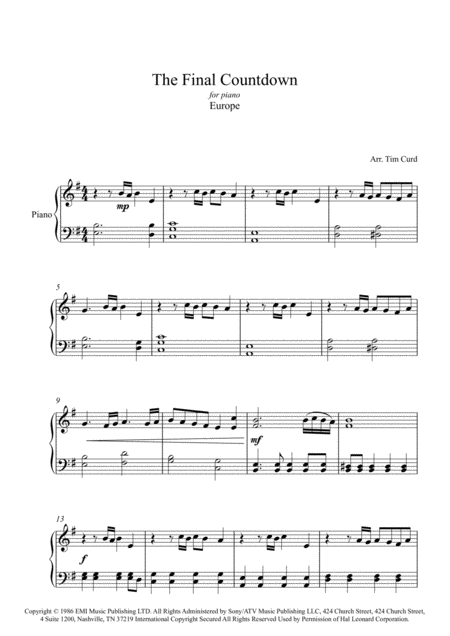 Final Countdown For Easy Solo Piano Page 2