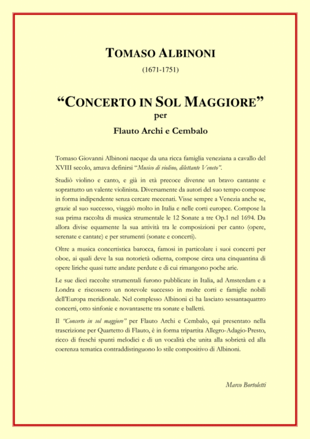 Flute Quartet From Concerto In G Major For Flute Strings And Harpsichord By Tomaso Albinoni 1671 1751 Page 2