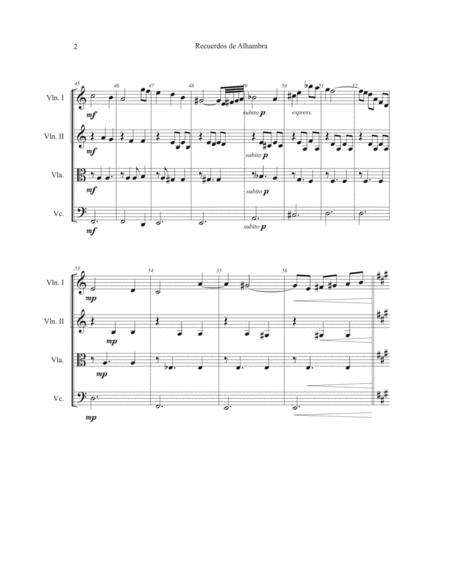 Francisco Trrega Recuerdos De La Alhambra For Str Quartet String Score Page 2