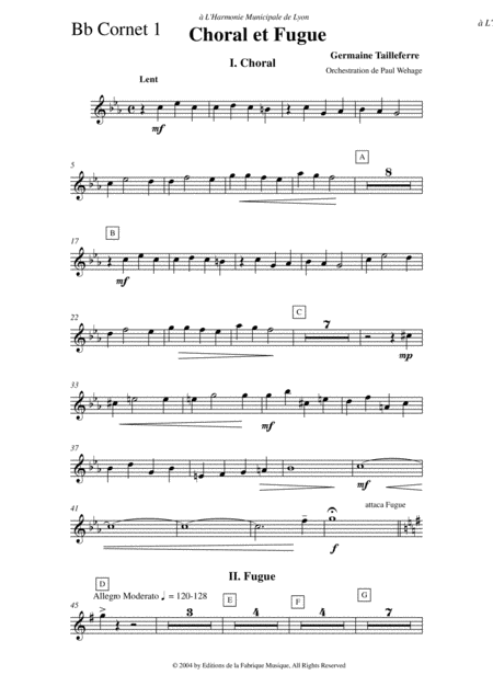 Germaine Tailleferre Choral Et Fugue Arranged For Concert Band By Paul Wehage Complete Set Of Brass And Percussion Parts Page 2