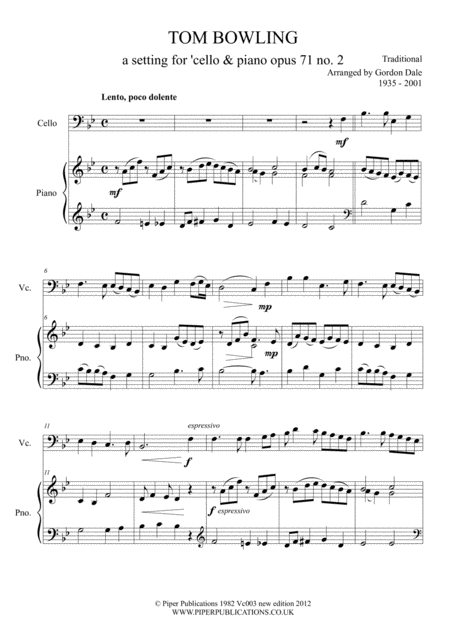 Gordon Dale Tom Bowling Arranged For Cello Piano Page 2
