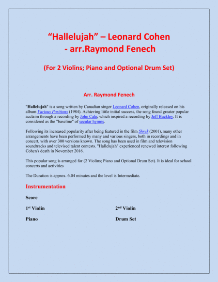 Hallelujah Leonard Cohen 2 Violins And Piano With Optional Drum Set Page 2