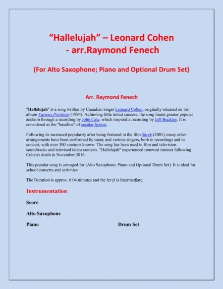 Hallelujah Leonard Cohen Alto Saxophone And Piano With Optional Drum Set Page 2