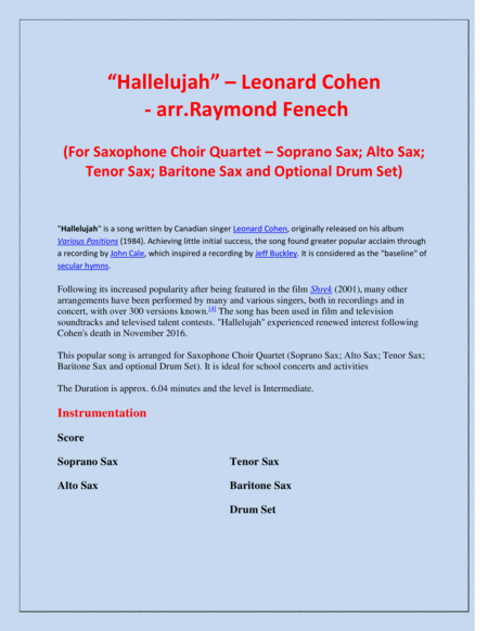 Hallelujah Leonard Cohen Saxophone Choir Quartet Soprano Sax Alto Sax Tenor Sax Baritone Sax With Optional Drum Set Page 2