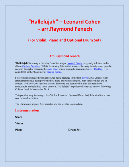 Hallelujah Leonard Cohen Violin And Piano With Optional Drum Set Page 2
