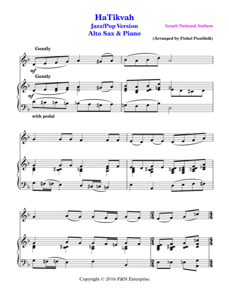 Hatikvah Piano Background For Alto Sax And Piano Jazz Pop Version Page 2