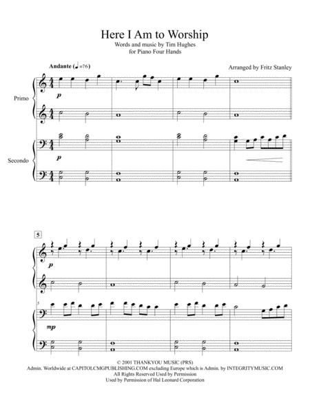 Here I Am To Worship For Piano Four Hands Page 2