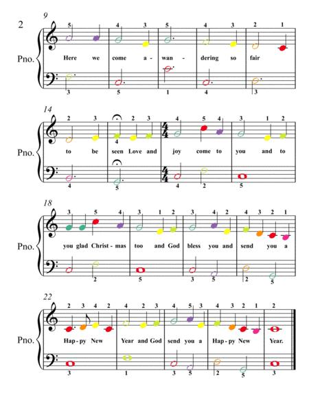 Here We Come A Caroling Easiest Piano Sheet Music With Colored Notes Page 2