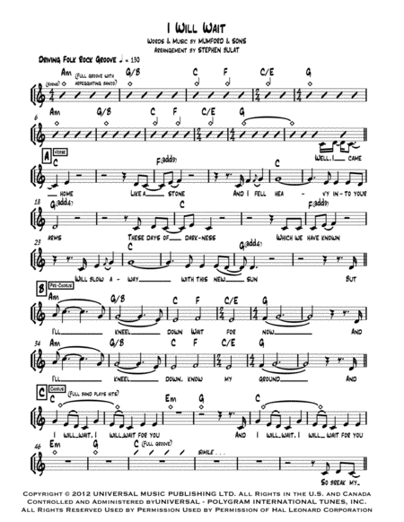 I Will Wait Mumford Sons Lead Sheet In Original Key Of C Page 2