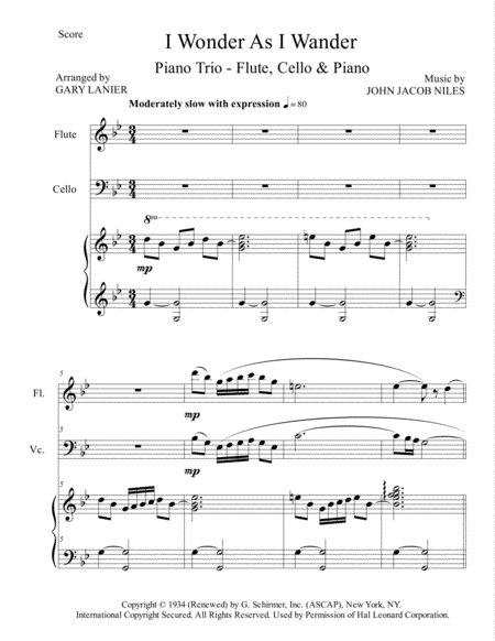 I Wonder As I Wander Trio Flute Cello And Piano Score With Parts Page 2
