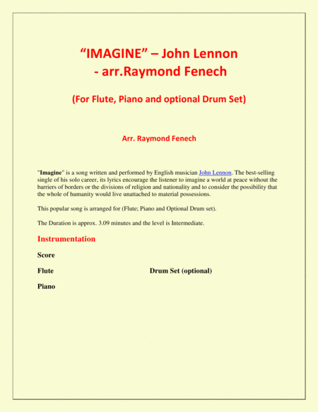 Imagine John Lennon Flute And Piano With Optional Drum Set Page 2