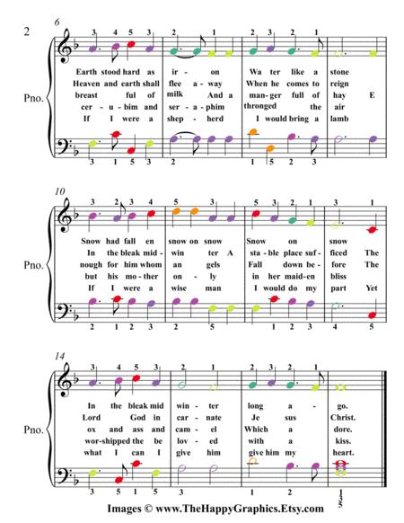 In The Bleak Midwinter Easy Piano Sheet Music With Colored Notes Page 2