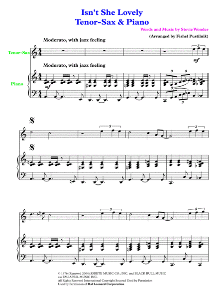 Isnt She Lovely For Tenor Sax And Piano Page 2