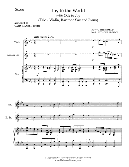 Joy To The World With Ode To Joy Trio Violin Baritone Sax With Piano Score Parts Page 2