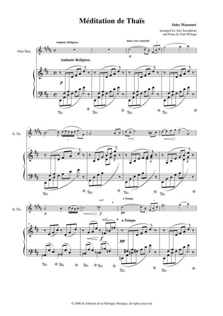 Jules Massenet Meditation From Thais Arranged For Alto Saxophone And Piano Page 2