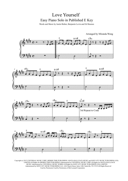 Love Yourself Easy Piano Solo In Published E C Key With Chords Page 2