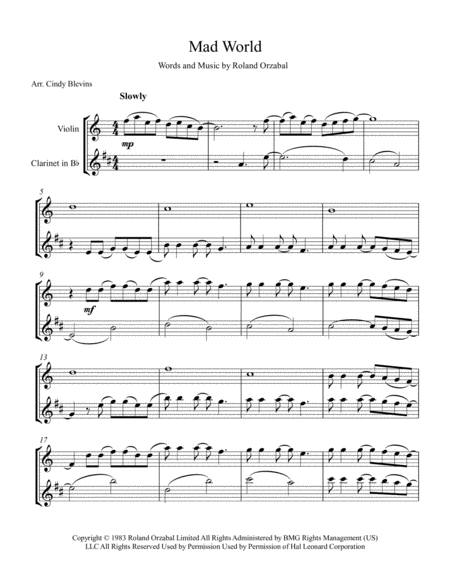 Mad World Arranged For Violin And Bb Clarinet Page 2